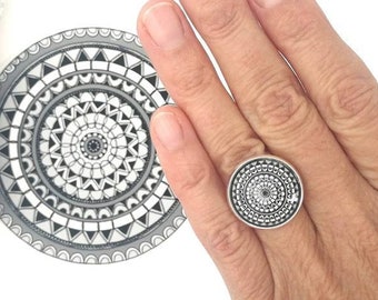 Black Ring - Mandala Ring - Black Mandala - Zen Ring - Mother Day Gift - Yoga Ring - Geometric Ring - Adjustable Ring - Zen Jewelry