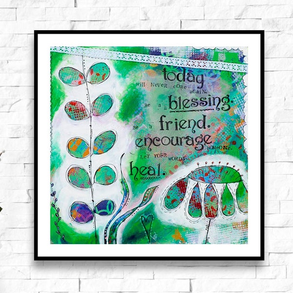 Green Wall Art - Inspirational Wall Art - Intuitive Painting - Mixed Media Art - Whimsical Art - Motivational Quotes - Gift for Best Friend