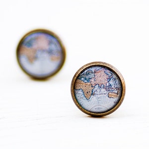 World Map Stud Earrings - Globe Earrings - Blue Map Jewelry - Atlas Earrings - Adventure Jewelry - Gift for Travelers - Post Earrings