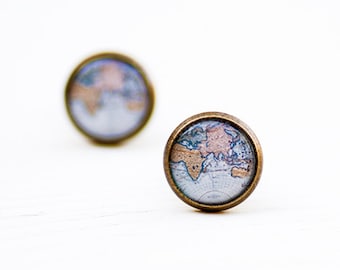 World Map Stud Earrings - Globe Earrings - Blue Map Jewelry - Atlas Earrings - Adventure Jewelry - Gift for Travelers - Post Earrings