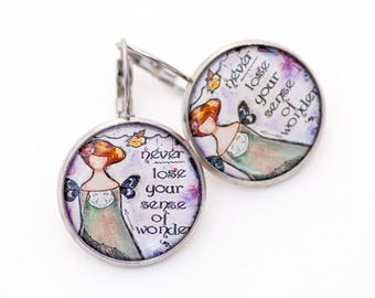 Sense of Wonder Art Earrings, Whimsy Girl Image Earrings with Words, Gift for Friend Photo Earrings, Inspirational Quote Earrings