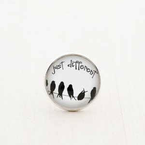 May include: A white round glass cabochon with a silver metal frame. The cabochon features a black silhouette of birds on a wire with the text "just different" written in black.