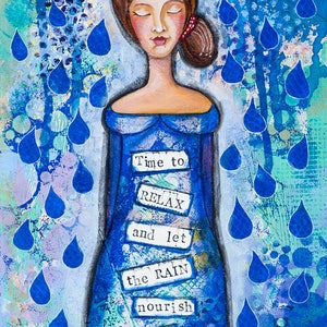 Rain Art Blue Art Print Mixed Media Collage Art Quotes Inspirational Print Whimsical Relax Wall Art Rain Lover Gift for Her image 3