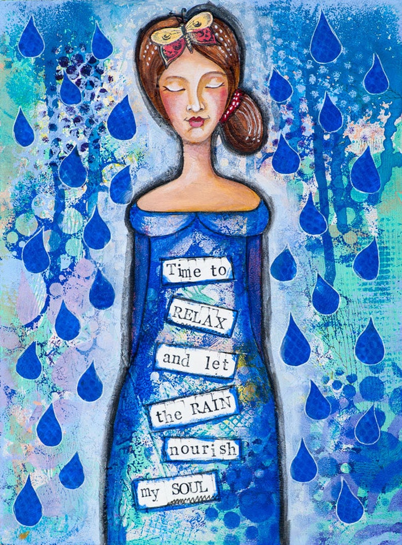 Rain Art Blue Art Print Mixed Media Collage Art Quotes Inspirational Print Whimsical Relax Wall Art Rain Lover Gift for Her image 3