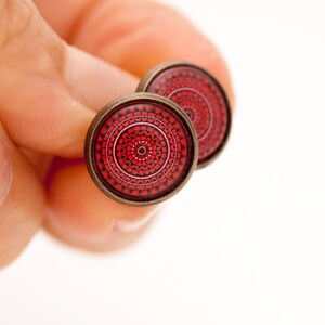 Red Stud Earrings - Red Mandala - Mandala Stud Earrings - Stud Earrings for Sensitive Ears - Surgical Steel Earrings - Dark Red Earrings