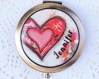 Compact Mirror Personalized - Red Heart - Purse Mirror - Personalized Gift for Her - Bridal Party Gift - Best Friend Gift - Mothers Day Gift