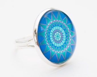 Turquoise Ring - Mandala Ring - Turquoise Mandala - Adjustable Ring - Spiritual Ring - Christmas Gift for Her - Yoga Ring - Birthday Gift