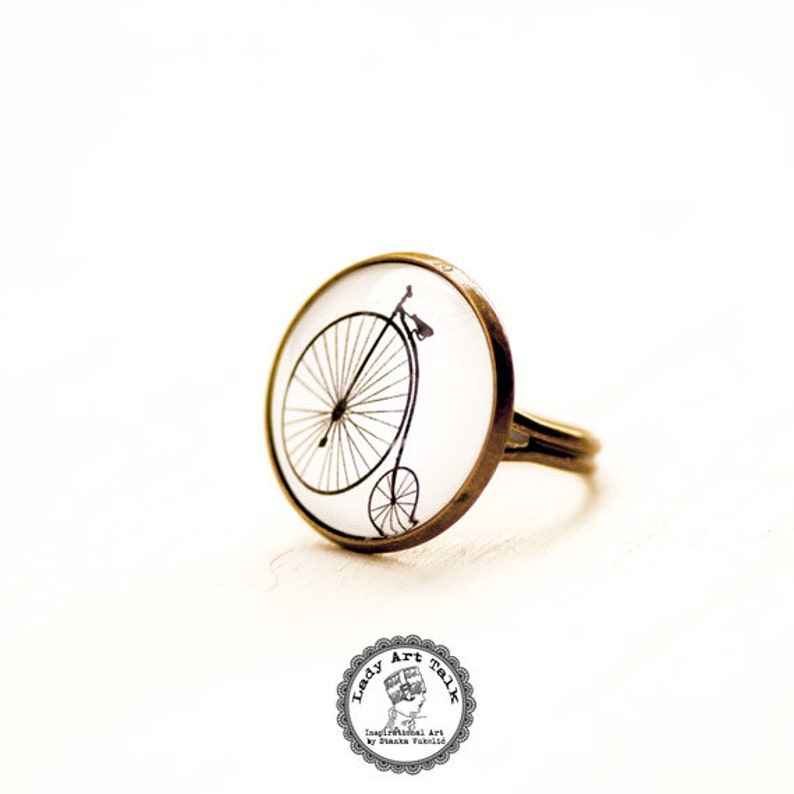 Old Bicycle Penny Farthing Bike Ring Jewelry, High Wheel Bike Image Photo Glass Adjustable Ring, Gift for Bike Lover Women Sister Her Teen image 2