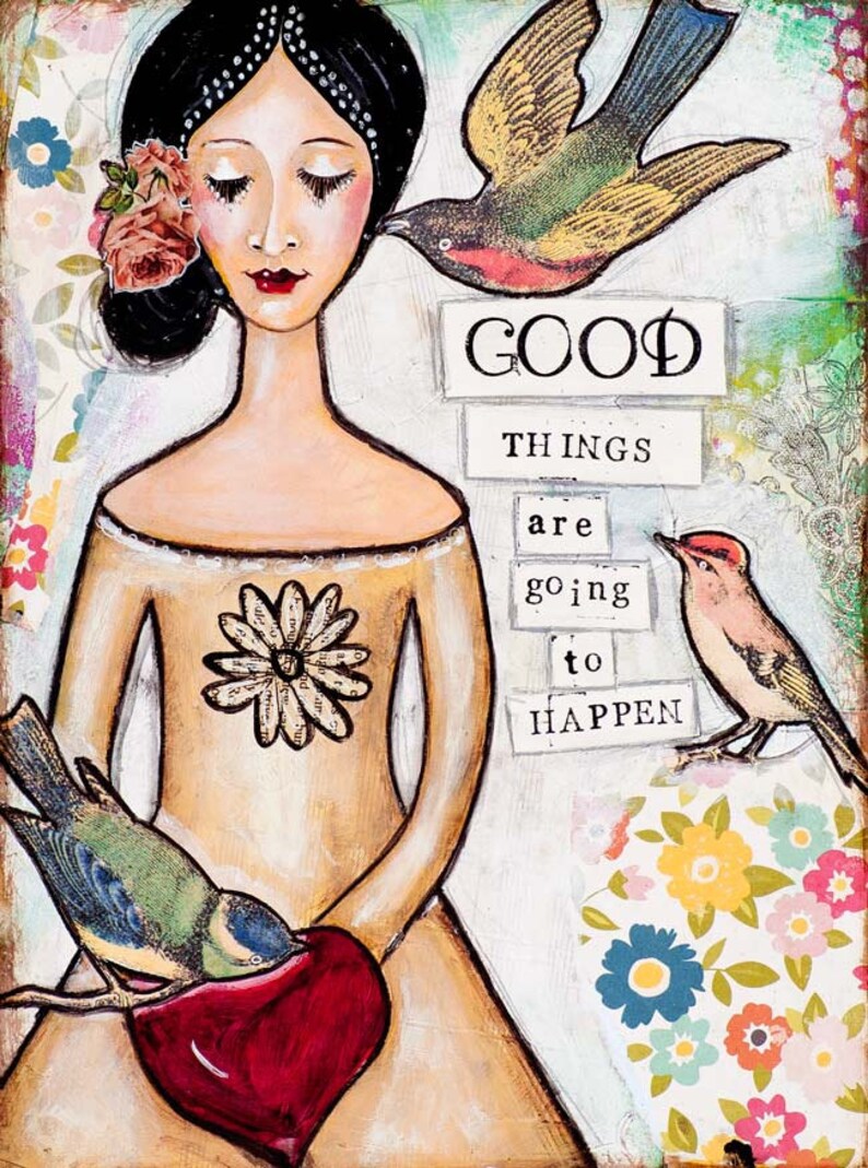 Positive Inspiration Positive Vibes Mixed Media Collage Art Whimsical Art Motivational Wall Art Positive Affirmation Good Thing image 1