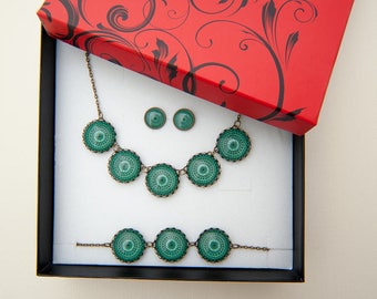 Green Jewelry Set - Mother Neckalce  - Bridesmaid Jewelry Set - Green Mandala - Boho Bridesmaid Jewelry - Gift for Her - Gift Sister