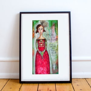May include: A colorful painting of a woman in a red dress holding a birdcage with a bird inside. The background is green and textured. The text reads "Every day is a new beginning. Take a deep breath and start again."