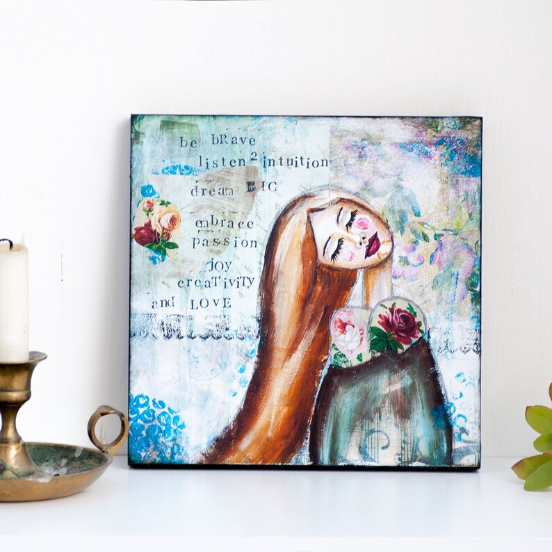 Be Brave Print on Wood Ready to Hang Wall Art Inspirational Her Empowerment Women Mixed Media Art Graduation Gift for Her Mom 20x20cm=8x8" wood