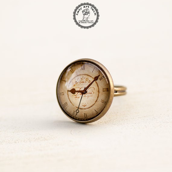 Old Clock Ring Antique Clock Adjustable Ring Glass Ring - Etsy