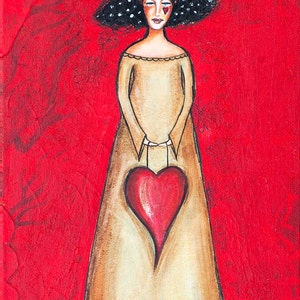 May include: A painting of a woman with dark curly hair wearing a beige dress and holding a red heart. The background is a red textured surface.