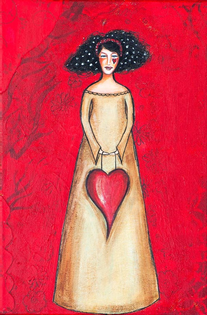 May include: A painting of a woman with dark curly hair wearing a beige dress and holding a red heart. The background is a red textured surface.