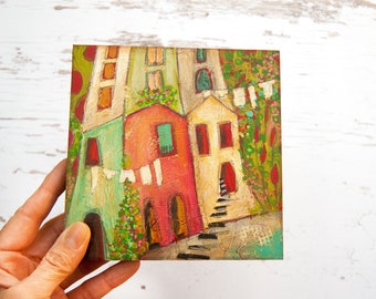 Whimsical House Print - Cute House Decor - Colorful Wall Art - Whimsical Art - Ready to Hang Print - Mixed Media Art - Mediterranean Print