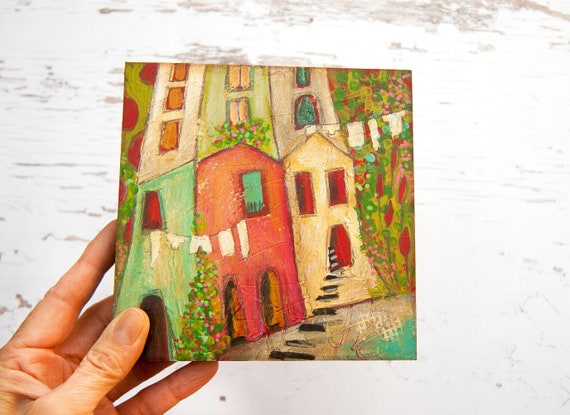 Whimsical House Print Cute House Decor Colorful Wall Art Whimsical Art  Ready to Hang Print Mixed Media Art Mediterranean Print 