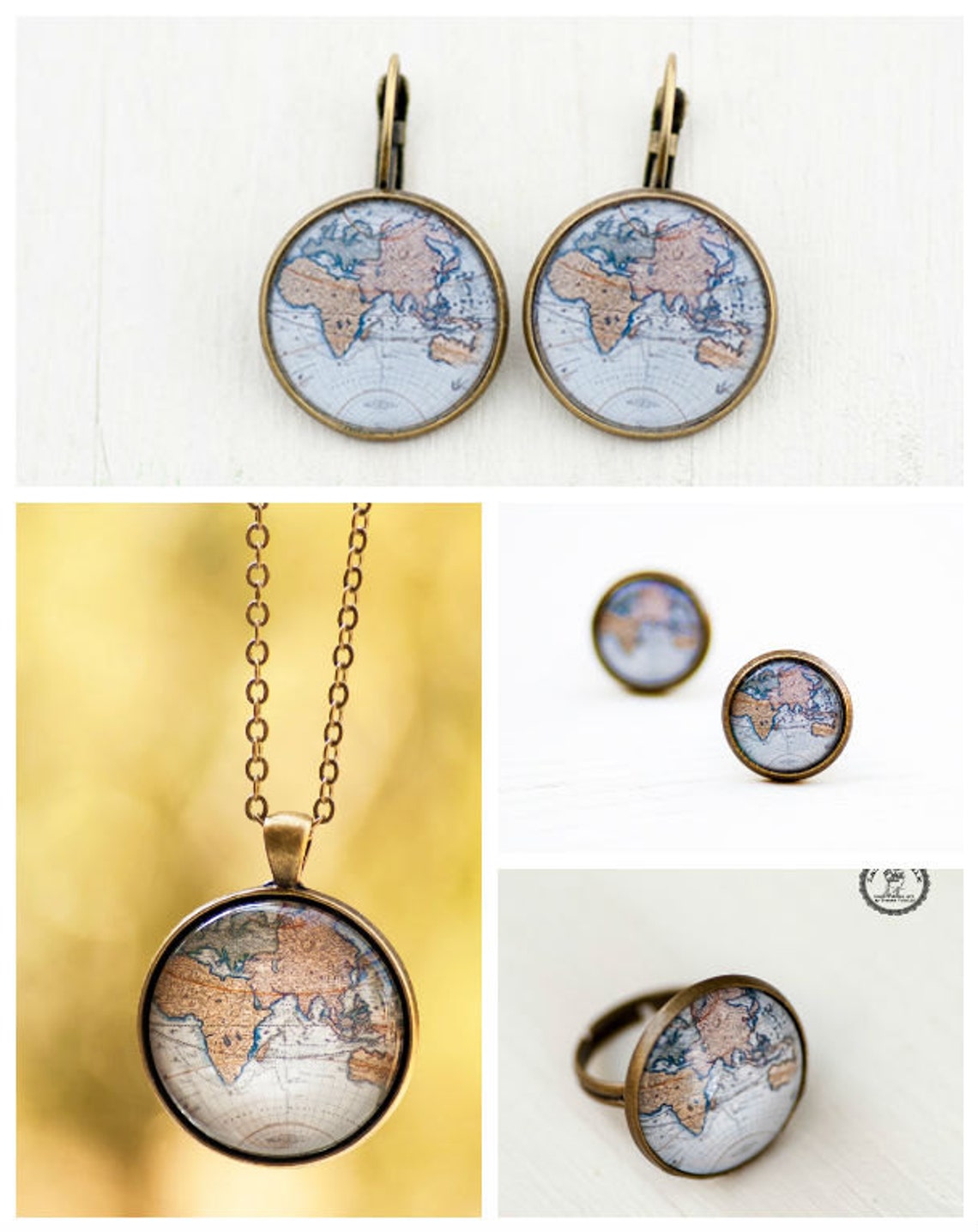 Earth Globe Glass Marble Earrings - 15mm World Map Drops - Graduation Travel Gift