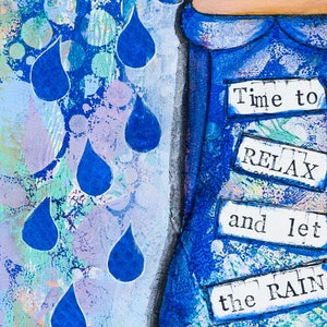 Rain Art Blue Art Print Mixed Media Collage Art Quotes Inspirational Print Whimsical Relax Wall Art Rain Lover Gift for Her image 4