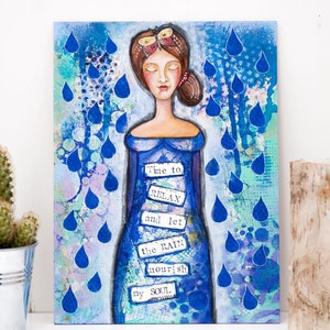 Rain Art Blue Art Print Mixed Media Collage Art Quotes Inspirational Print Whimsical Relax Wall Art Rain Lover Gift for Her image 10