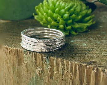 Leaf textured Hand stamped open sterling silver ring