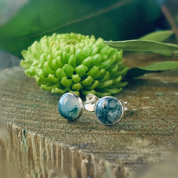 Sterling Silver Classic Stud Moss Agate Earrings, silver handmade stud earrings, recycled sterling silver stud agate earrings