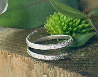 Leaf textured Hand stamped open sterling silver ring