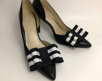 Stripes Black and White Ribbon Bow Shoe Clips Set Of Two, Shoe Decorations