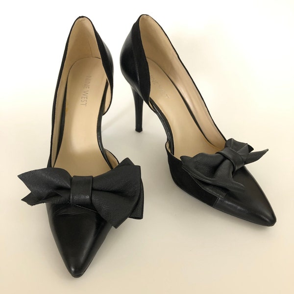 Black leather bow shoe clips, Shoe Decorations