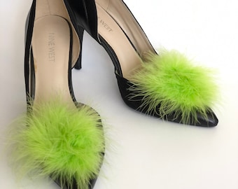 Lime Green Feather Puff Pom Pom Shoe Clips Set Of Two, Shoe Decorations