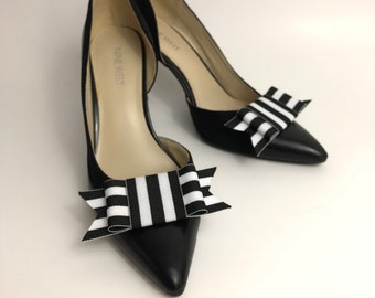 Stripes Black and White Ribbon Bow Shoe Clips Set Of Two, Shoe Decorations