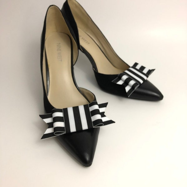 Stripes Black and White Ribbon Bow Shoe Clips Set Of Two, Shoe Decorations