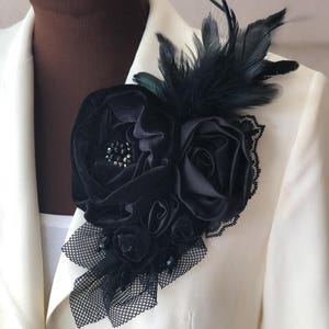 Large Black Silk Flower Brooch with Feather, Black Flower Textile Brooch