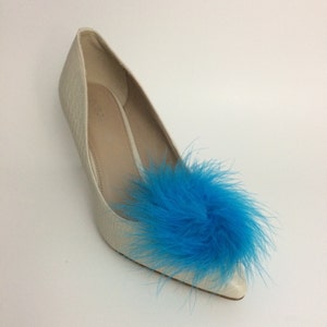 Blue Feather Puff Pom Pom Shoe Clips Set Of Two, Shoe Decorations