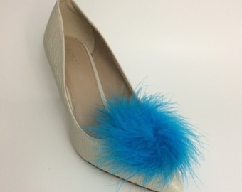 Blue Feather Puff Pom Pom Shoe Clips Set Of Two, Shoe Decorations