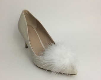 White Feather Puff Pom Pom Shoe Clips Set Of Two, Shoe Decorations