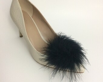 Black Feather Puff Pom Pom Shoe Clips Set Of Two, Shoe Decorations