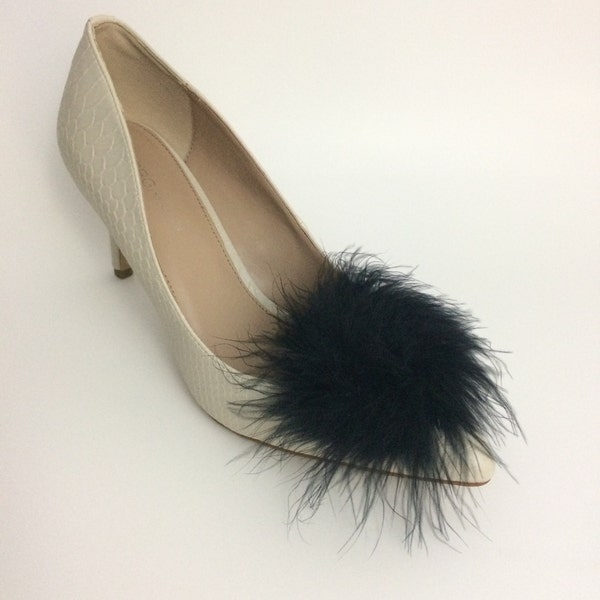 Black Feather Puff Pom Pom Shoe Clips Set Of Two, Shoe Decorations