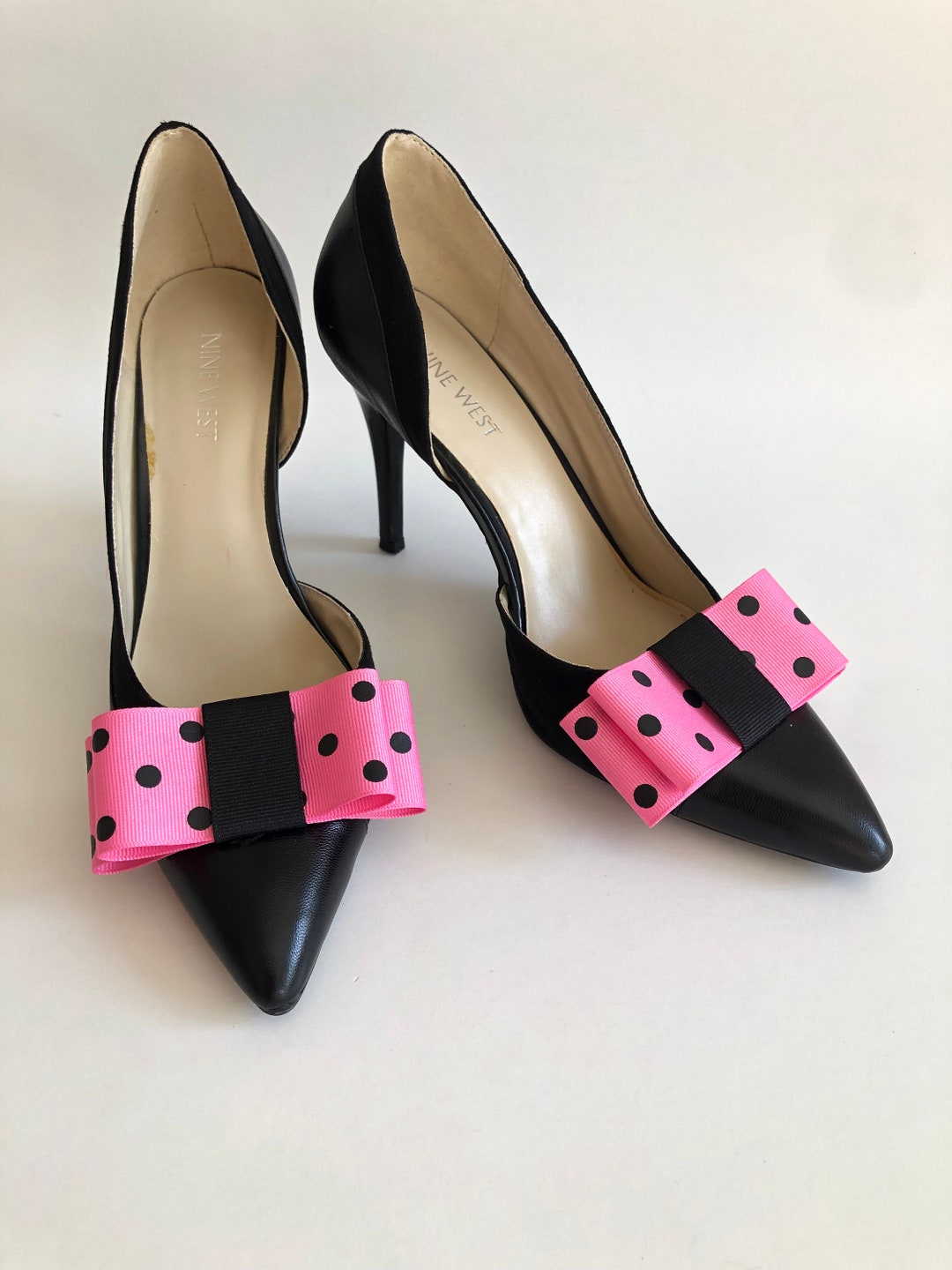Polka Dot Pink and Black Ribbon Bow Shoe Clips Set of Two, Shoe