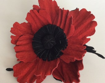 Handmade Genuine Suede  Red Poppy Flower Brooch/Pin, Leather Flower Brooch, Hair Clip