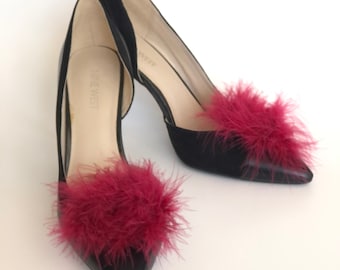 Burgundy Feather Puff Pom Pom Shoe Clips Set Of Two, Shoe Decorations