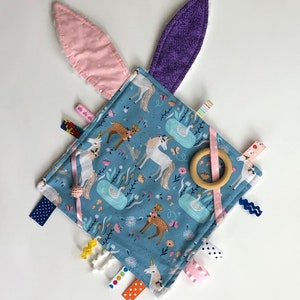 Ribbon Tag Lovey with Crinkle  Bunny Ears, Ribbon Sensory Tag Blanket, Baby Crinkle Toy, Baby Girl Shower Gift