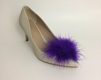 Purple Feather Puff Pom Pom Shoe Clips Set Of Two, Shoe Decorations