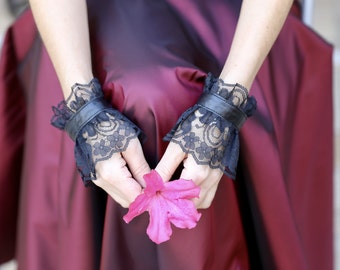 Pair Black Lace/Leather Wristt Cuffs, Leather Bracelet Cuffs, Gothic Jewelry, Ruff Cuffs Women Accessories