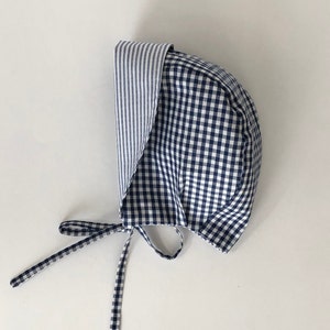 Reversible Baby Bonnet,  Plaid and Striped White/ Blue Sunbonnet, Beach hat with Visor Sun Hat, Toddler bonnet