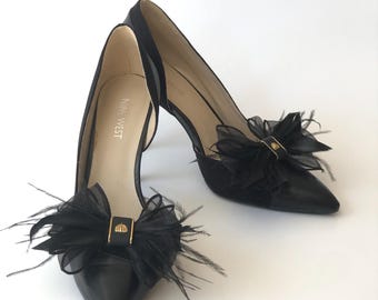 Black Bow Feather Shoe Clips, Bridal Shoe Decoration, Set of Two