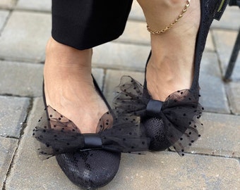 Black Polka Dots Tulle Bow Shoe Clips, Black Evening Shoes Clips, Shoe Decorations,  Shoe Bow Clips