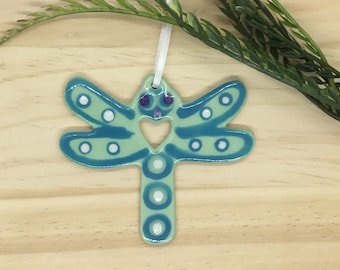 Handmade Hand-painted Pottery Ornament *Teal Dragonfly <3*