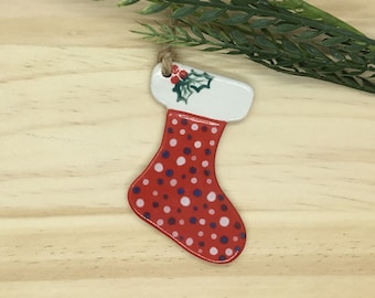 Handmade Hand-painted Pottery Ornament *Red Holiday Stocking*