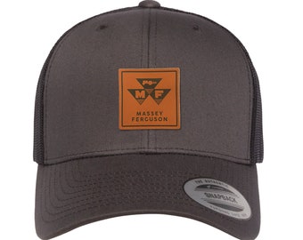 Massey Ferguson Leather Patch Hat | Charcoal and Black | Snapback | FlexFit| Tractor Hat | Tractor Gift